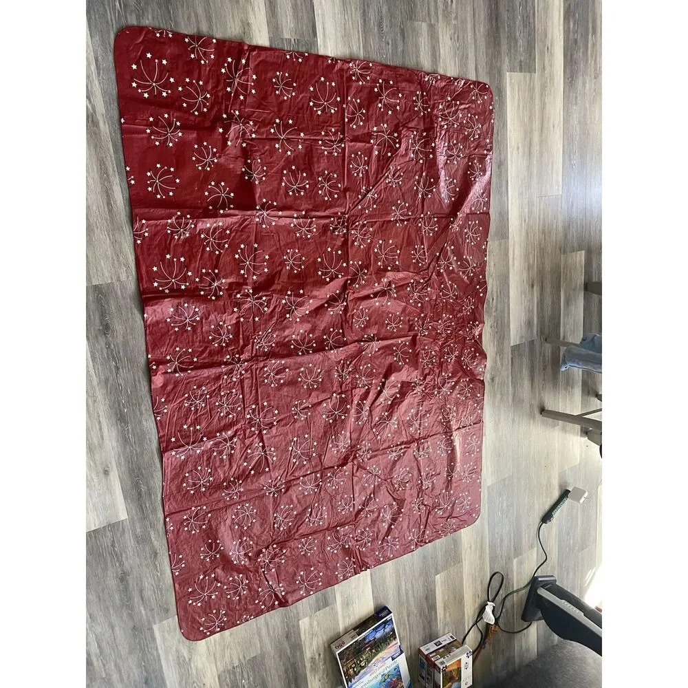 Vintage Fireworks 4th Of July Vinyl Flannel Backed Tablecloth Oblong 59”x82” Red